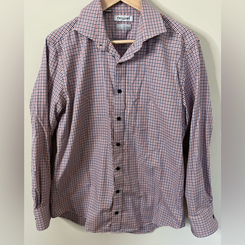 Twillory Button Up Long Sleeve Work Shirt Size 16 32/33 Blue Orange Plaid